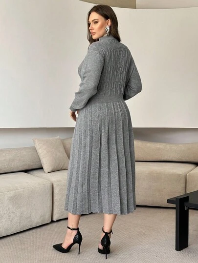 Modelyn 秋冬大码纯色针织休闲连衣裙
