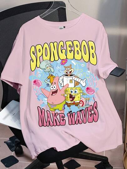 SpongeBob SquarePants | SHEIN 大码字母与卡通图案圆领短袖T恤