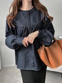 FRIFUL 女士休闲水洗灯笼袖衬衫通勤长袖上衣 - 藍色 - 查看 4