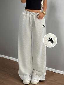 SHEIN Teen Girls Casual Loose Fit Low Waist Elastic Waistband Wide Leg Sweatpants, Versatile For Spring, Summer, Autumn, Winter Fall - Light Grey - View 1