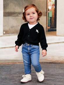 SHEIN Cute Baby Girl Casual Simple Basic Style Grab Material Black V-Neck Cardigan Sweater Suitable For Family Matching Outfits, Mommy&Me, Birthday Parties, Evening Parties, Performances, Weddings, Baptisms, Opening Ceremonies Suitable For Daily Use Suitable For School Suitable For Travel Suitable For Autumn And Winter Seasons New Born Baby Girl Baby Boy Fall