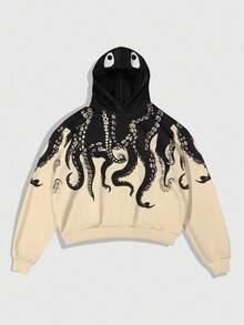 ROMWE MEN Men's Octopus Tentacle Gothic Print Contrast Color Hooded Long Sleeve Pullover Sweatshirt - Multicolor - View 1
