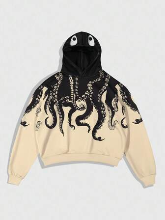 Street Life Men's Octopus Tentacle Print Contrast Color Hooded Long Sleeve Pullover Sweatshirt
