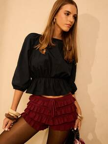 Aralina 秋冬 100% 纯棉 3/4 袖泡泡袖衬衫，褶皱收腰，袖子饰有蕾丝花边，女士优雅别致衬衫，斯德哥尔摩风格和女士工作服 - 黑色 - 查看 8