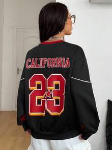 Coolane 女士秋季街头服饰节外出男友运动休闲图案撞色黑红宽松运动衫 - 彩色 - 查看 5