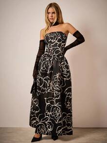 COSMINA 女士优雅花卉印花连衣裙，束腰设计，适合所有季节 - 黑與白 - 查看 5