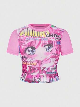 Plus Size Women's Sexy Sheer Anime Character Printed Tight Fitting Short Sleeve Top