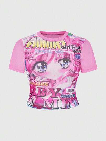 Anime Blusa de manga corta ajustada y transparente con estampado de personaje de anime para mujer de talla grande