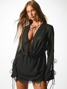 KIZN 雪纺长袖迷你连衣裙，蕾丝边饰，深V领，派对晚宴半透明设计，腰部系带，适合夜店穿着，秋冬系列 - 黑色 - 查看 4