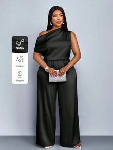 SOLERSUN 大码四季女装时尚通勤纯色优雅日间旅行宽松休闲简约杏色缎面面料一字肩不对称领口肩部褶皱短袖阔腿连体裤春夏度假连体裤阔腿冰丝长裤 - 黑色 - 查看 1