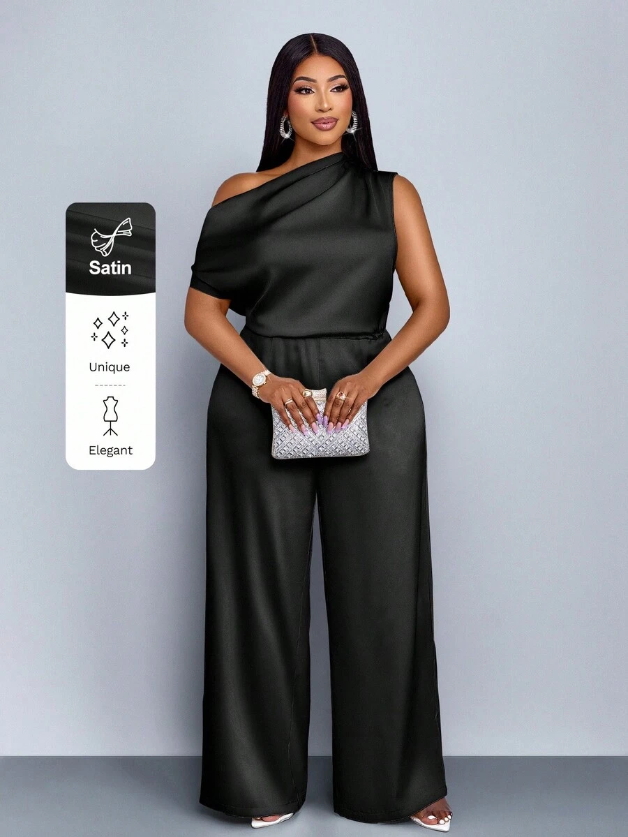 SOLERSUN 大码四季女装时尚通勤纯色优雅日间旅行宽松休闲简约杏色缎面面料一字肩不对称领口肩部褶皱短袖阔腿连体裤春夏度假连体裤阔腿冰丝长裤 - 黑色 - 查看 1