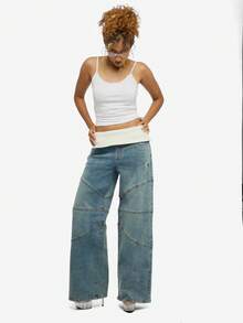 SUMWON WOMEN 棉质高腰宽松阔腿牛仔裤，撞色针织腰带，做旧细节 - 藍色 - 查看 3