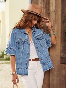 EMERY ROSE 女士休闲牛仔夹克，日常穿着的简约时尚 - 藍色 - 查看 7