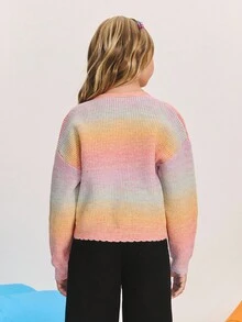 SHEIN Tween Girl Casual Tie Dye Tie-Dye Knit Cardigan Rainbow Cardigan Kids Sweaters For Girls Cardigans,In Fall/Winter - Multicolor - View 2