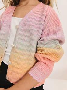SHEIN Tween Girl Casual Tie Dye Tie-Dye Knit Cardigan Rainbow Cardigan Kids Sweaters For Girls Cardigans,In Fall/Winter - Multicolor - View 5