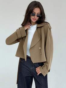 Aloruh Damen Einfarbiger Kragen Langarm Doppelreiher Lässiger Trenchcoat, Herbst - Kamelfarben - Übersicht 6