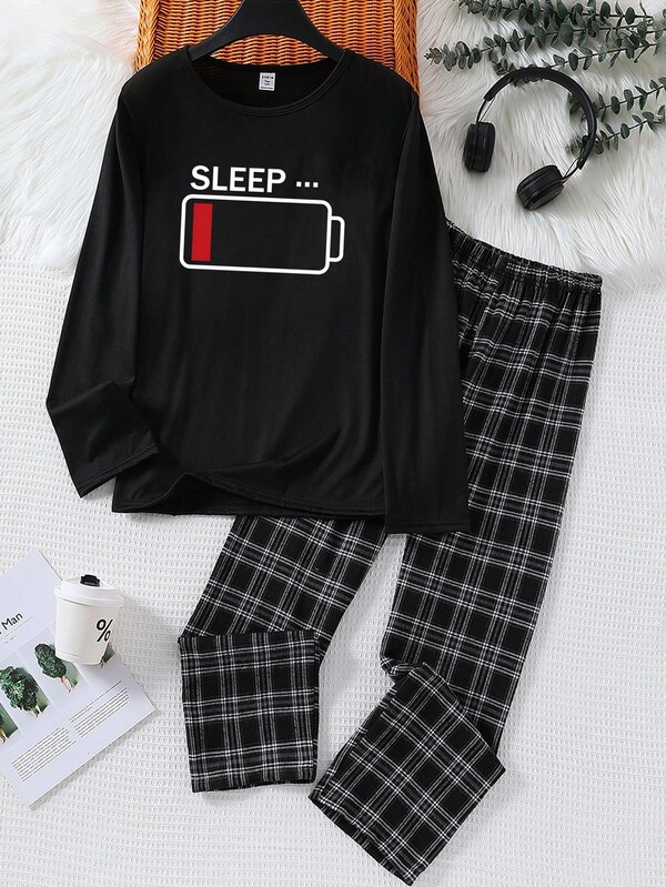 2pcs Teenage Boys' Casual Sleepwear Set - Black Long Sleeve Top With SLEEP Print And Loose Plaid Long Pants, Soft Knit Fabric Boy Plaid Pajama Set