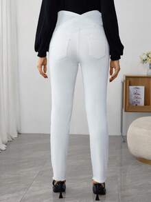 SHEIN Adjustable Waist Frayed Hem Maternity Skinny Casual Jeans - White - View 2