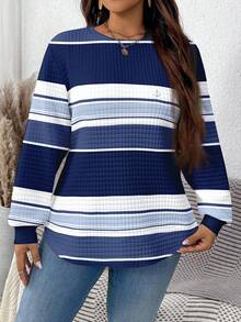 EMERY ROSE Plus Size Casual Minimalist Blue Striped Contrast Print Waffle Sweatshirt In Fall/Winter - Multicolor - View 4