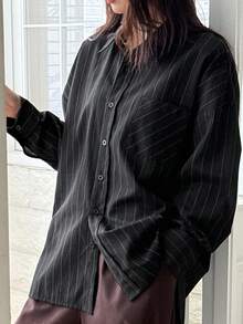 DAZY 女式宽松格子街头休闲校园衬衫长袖上衣 - 黑色 - 查看 2
