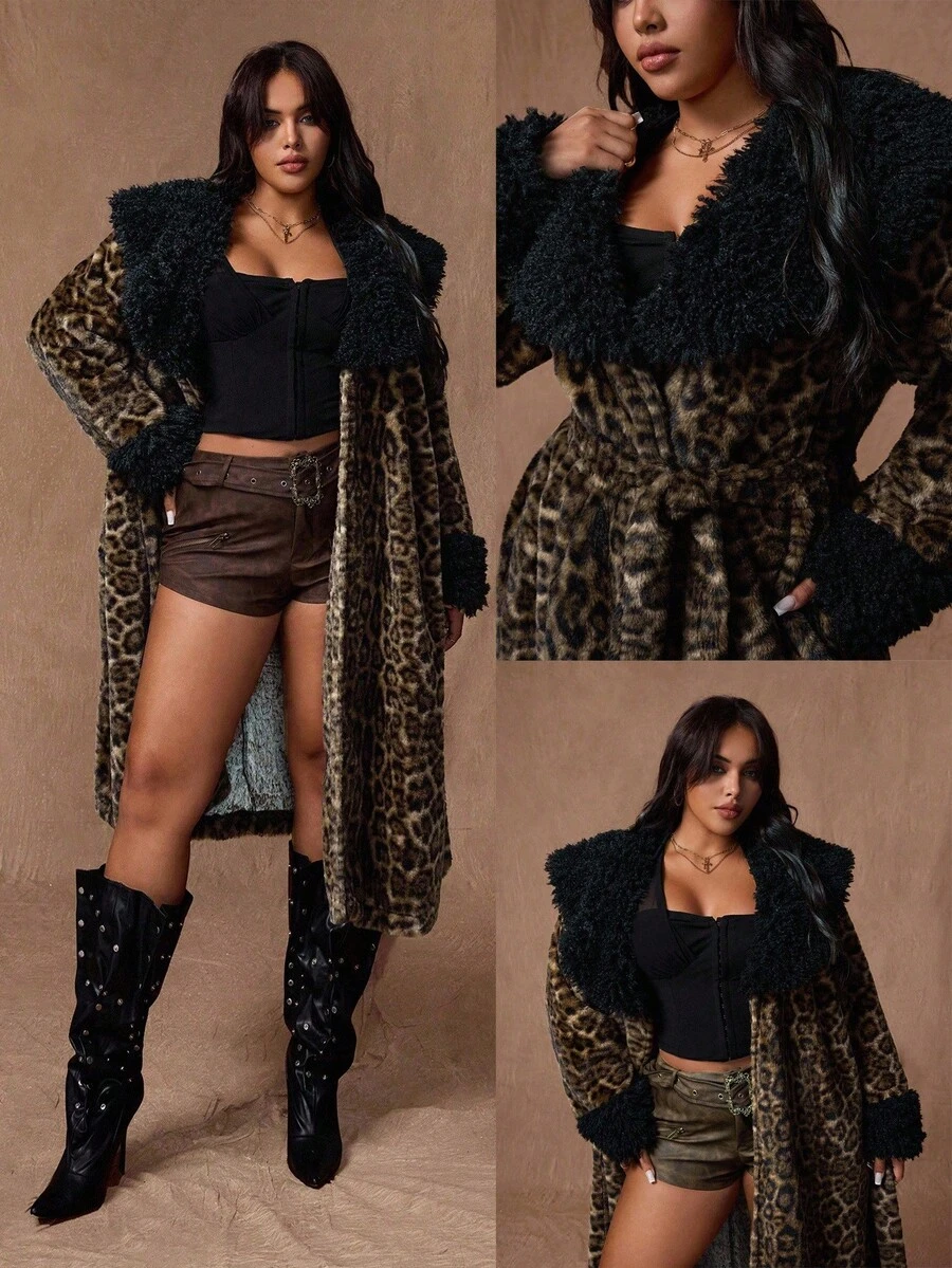 Rustia 大码女式保暖豹纹蓬松夹克，适合派对、夜店、冬季 - 棕色 - 查看 1