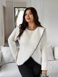 Vionelle Plus Size Casual White Knit Pullover Sweater With Contrasting Trim, Comfortable, Suitable For Work, Elegant White Sweater Women Sweater Contrast Stitch Sweater Cute Sweater Sweater Top Winter Fall Autumn