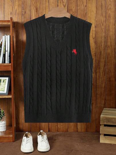 Manfinity VCAY 标准尺寸男士粗针织刺绣无袖毛衣背心，秋冬款