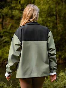 SHEIN Unity 女士休闲夹克，袖口和肩部有松紧带，适合春秋季节 - 軍綠色 - 查看 2
