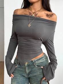 Coolane 女士秋冬外出休闲必备弹力舒适露肩针织T恤 - 灰色 - 查看 3