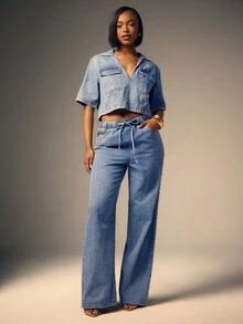 Denimoi Women Ombre Drawstring Waist Straight Leg Jeans - Light Wash - View 3