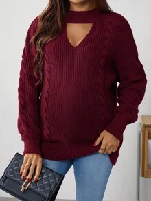 SHEIN 孕妇休闲扭纹V领落肩长袖毛衣，秋冬