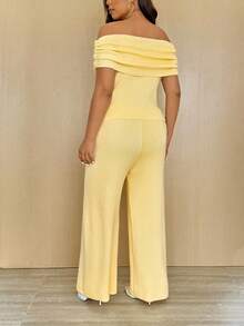 Vionelle Plus Size Women French Style Knit Casual Off-Shoulder Top And Pants Set, Elegant And Versatile, Autumn/Winter Fall - Yellow - View 2
