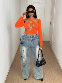 Maweii T-shirt asymétrique à manches longues et croisé sexy pour femmes grandes tailles