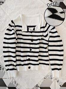 SHEIN EZwear Áo khoác cardigan sọc tối giản thường ngày dành cho sinh viên, phong cách hàng hải, mùa tựu trường, phù hợp cho phụ nữ vào mùa thu/đông, cổ điển, gợi cảm, dễ thương, Y2K, cô gái dừa, boho, hippie, lễ hội âm nhạc - Nhiều màu - Xem 6