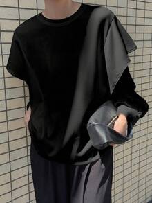 FRIFUL 女式纯色圆领长袖荷叶边下摆休闲宽松T恤，秋季 - 黑色 - 查看 4