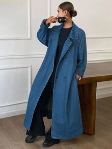 DAZY Women's Long Denim Jacket With Lapel, Autumn - Blue - View 5