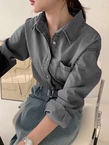 DAZY 浅色水洗牛仔衬衫，翻领和口袋，宽松长袖，春夏秋 - 淺灰色 - 查看 4