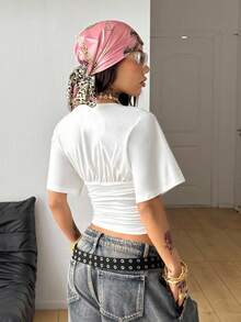 Coolane Women's Winter Chic Minimalist Y2K Basic Daily Wear Casual Back To School Streetwear Stretchy White Loose Ruched Deep V-Neck Crop Tees