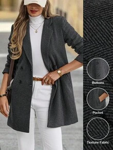Solivie 女式纯色翻领双排扣休闲大衣 - 深灰色 - 查看 1