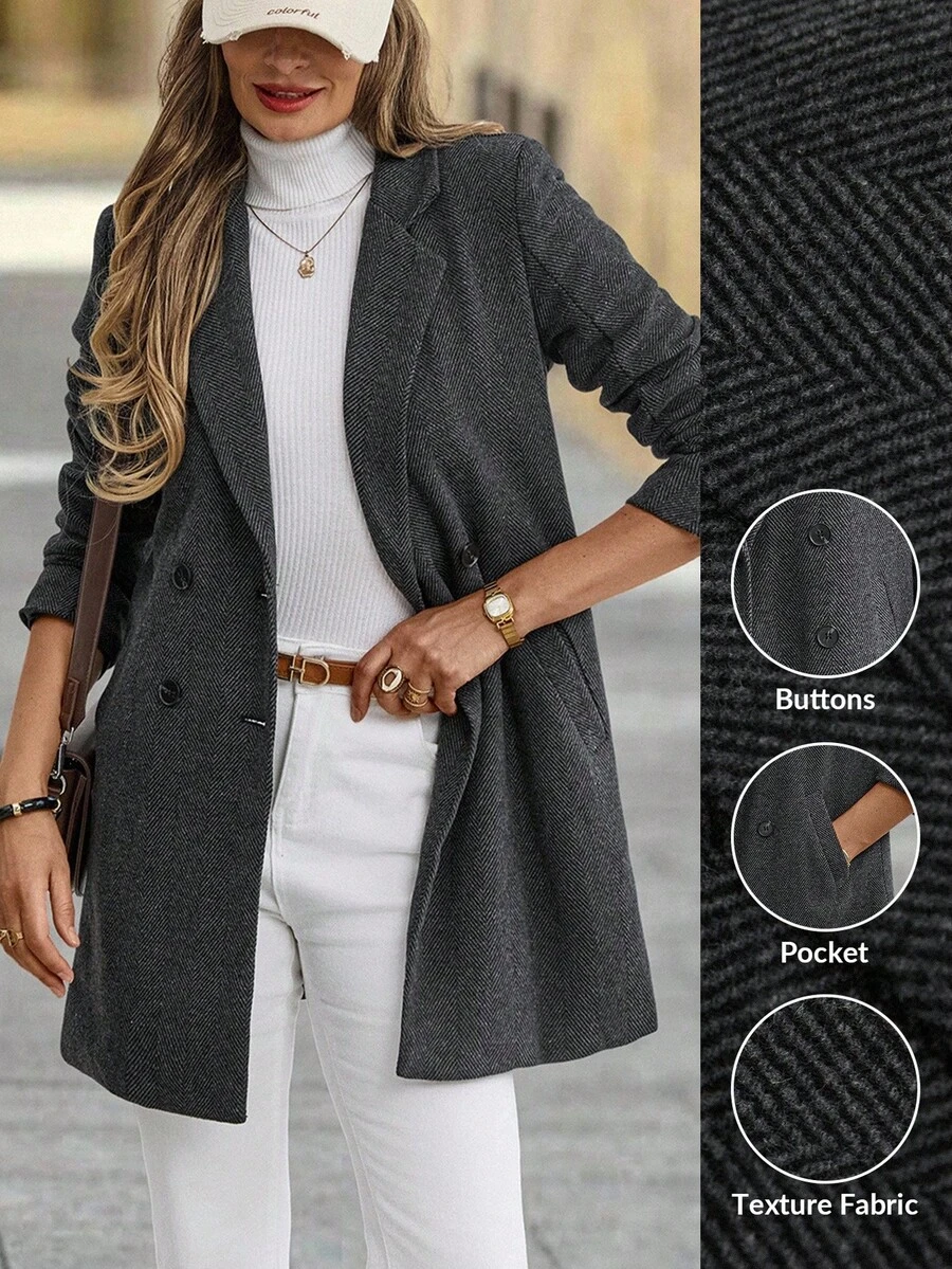 Solivie 女式纯色翻领双排扣休闲大衣 - 深灰色 - 查看 1