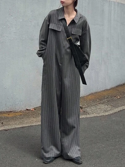 FRIFUL レディース ルーズフィット カジュアルジャンプスーツ、襟付き、長袖、ポケット付き、ストライプ生地、秋に活躍