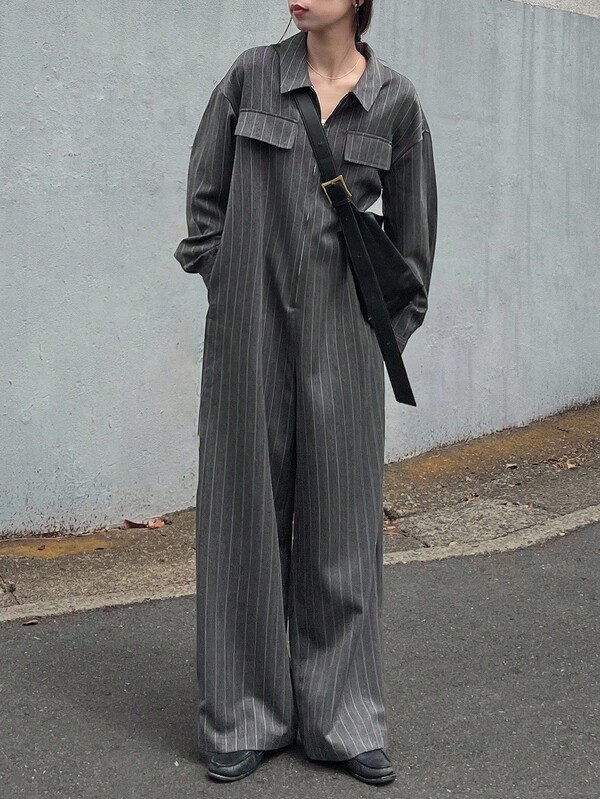 FRIFUL Women's Loose Fit Casual Jumpsuit With Lapel Collar, Long Sleeve, Pockets, Striped Fabric, Versatile For Autumn