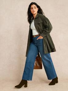 EMERY ROSE 大码休闲复古领实用口袋抽绳灯芯绒夹克 - 墨綠色 - 查看 1