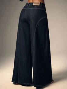 Denimoi 女式口袋褶皱阔腿宽松休闲牛仔裤 - 深色水洗藍 - 查看 4