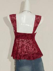 SHEIN ICON 女士花卉纹理无袖背心，深红色蕾丝上衣，适合感恩节和圣诞节穿着。 - 紅色 - 查看 2