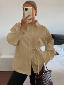 DAZY 女士休闲宽松牛仔衬衫，侧边系带长袖 - 卡其色 - 查看 5