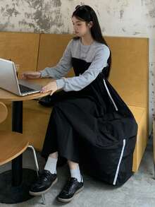 DAZY Women's Round Neck Long Sleeve 2 In 1 Waist Cinched Long Casual Street Dress - Black - View 2