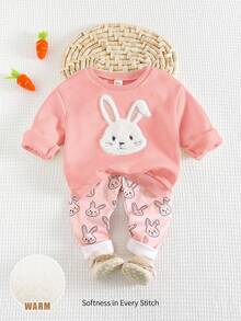 Cozy Pixies Conjunto de 2 piezas de sudadera y pantalones con cuello redondo, hombros caídos y estampado de conejo de dibujos animados para bebé niña - Rosa - Ver 5