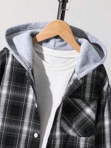 SHEIN 兒童青少年男孩黑白格紋拼接梭織鈕扣連帽襯衫，街頭風附口袋，夏季休閒校園返校冬季上衣 - 黑色 - 查看 3