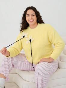 SHEIN EZwear 大码休闲3D花卉装饰圆领毛衣 秋冬3D花朵毛衣 - 薑色 - 查看 5